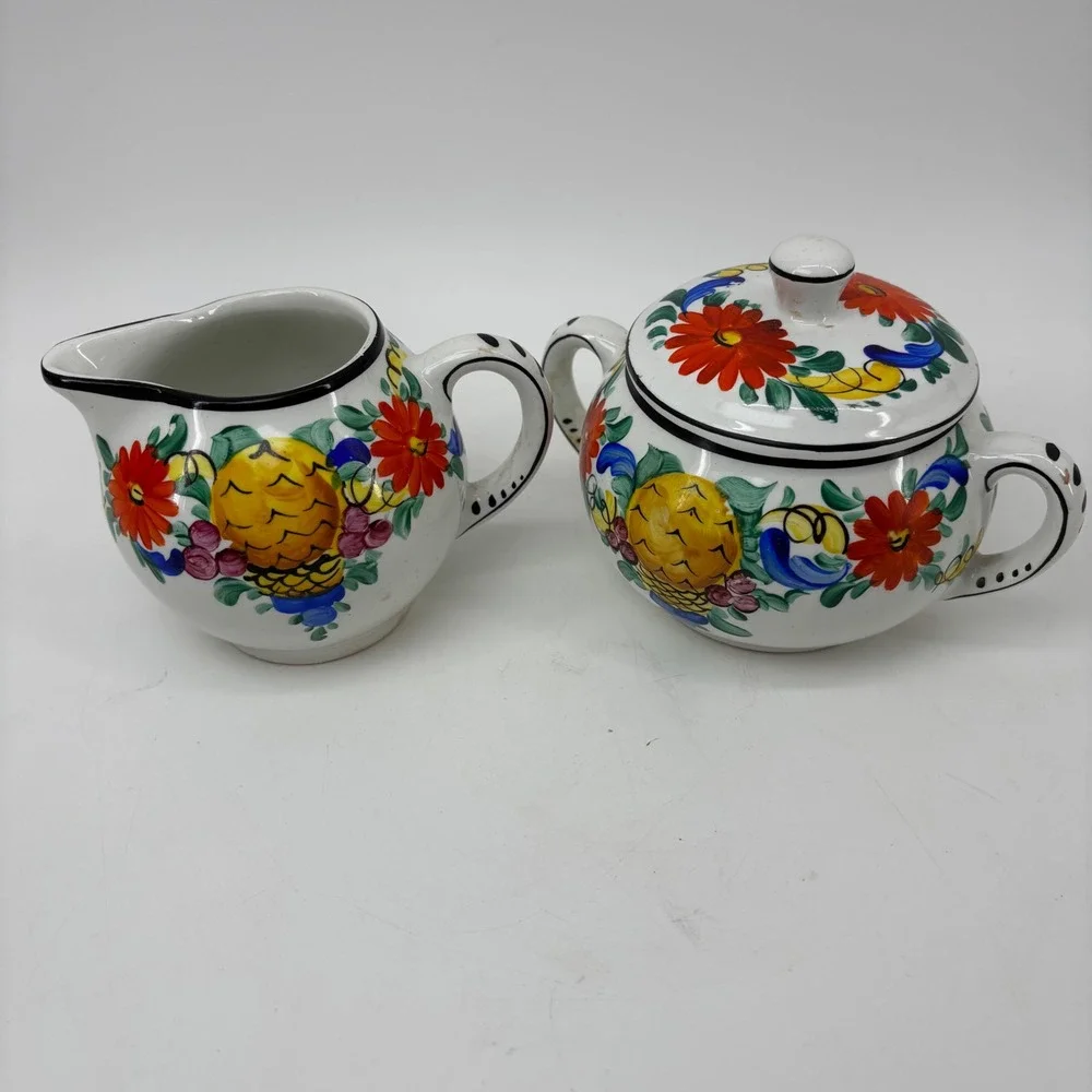 Vtg #1796 De Luxe H. & N. Germany Hand Painted Ceramic Creamer Sugar Majolica